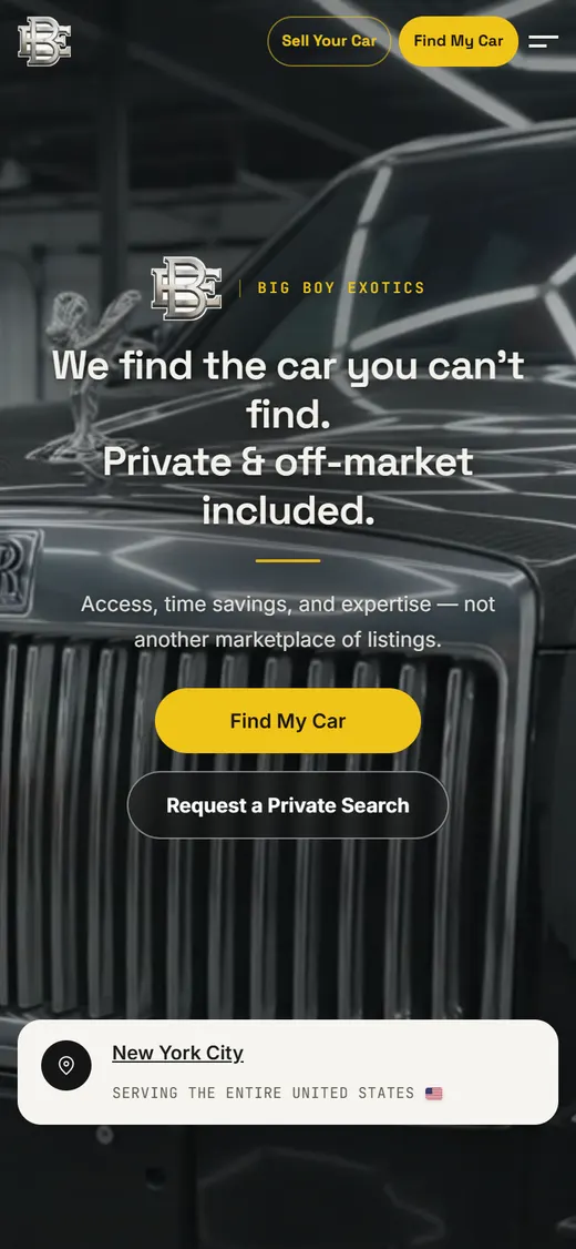 Big Boy Exotics homepage on mobile