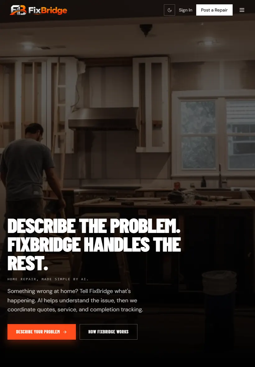 FixBridge homepage, tablet screenshot