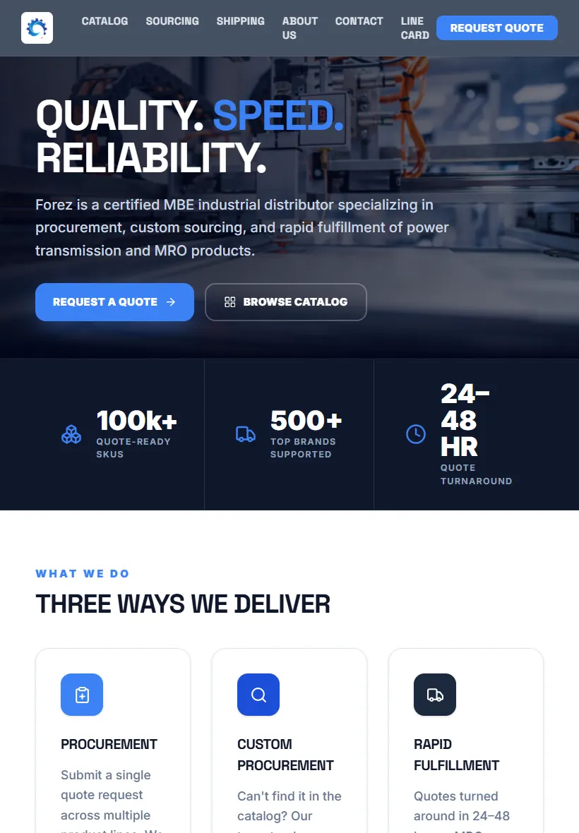 Forez Corp homepage, tablet screenshot